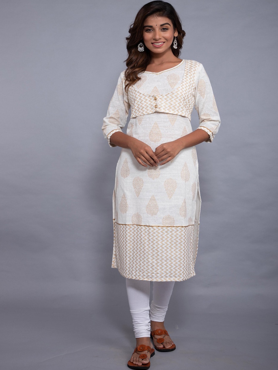 

KALINI Women White Paisley Round Neck Thread Work Kurta