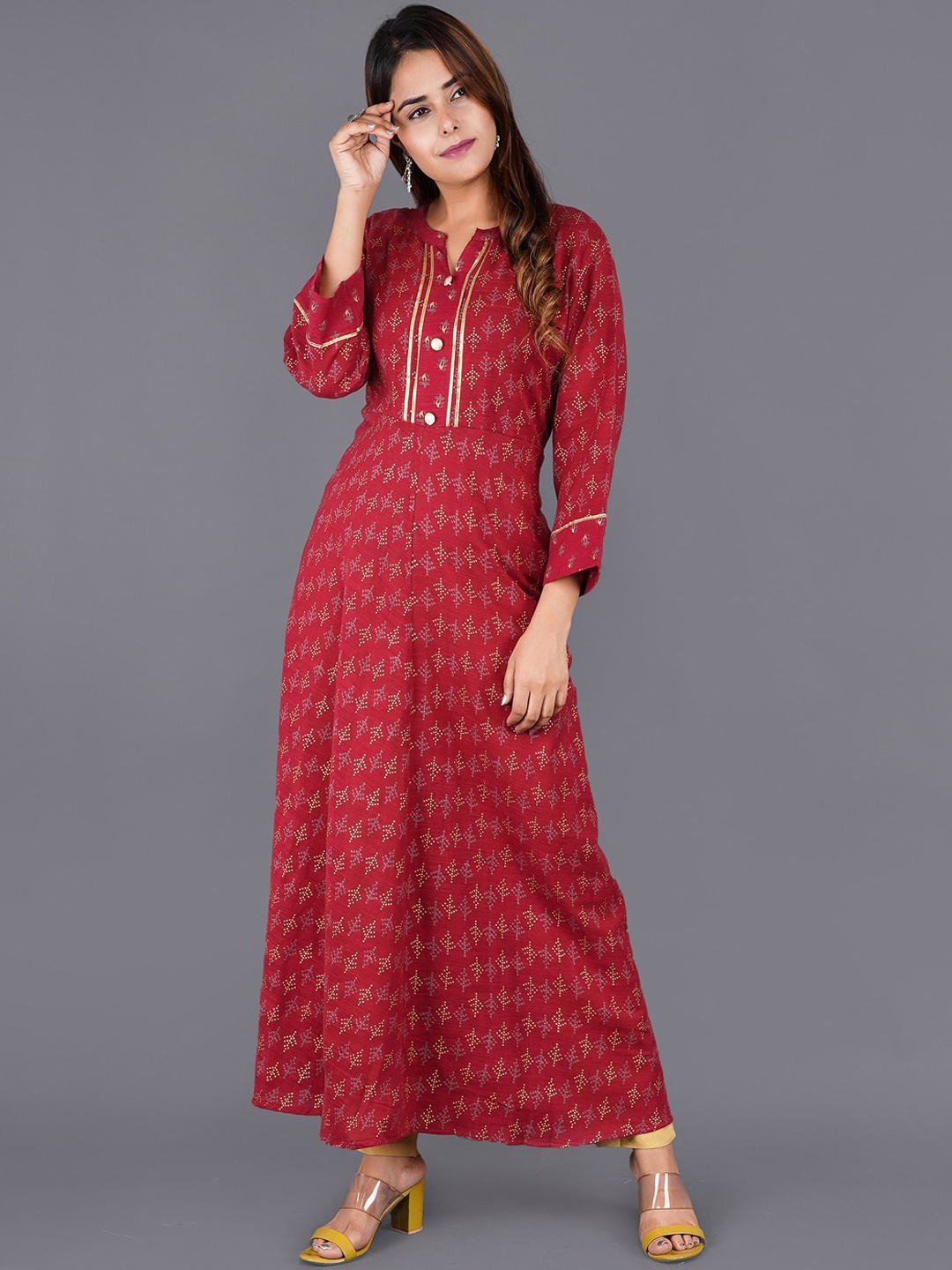 

KALINI Women Red Geometric Printed Thread Work Anarkali Kurta