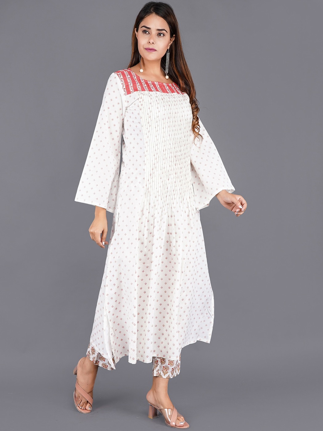 

KALINI Women White Geometric Flared Sleeves Thread Work Kurta