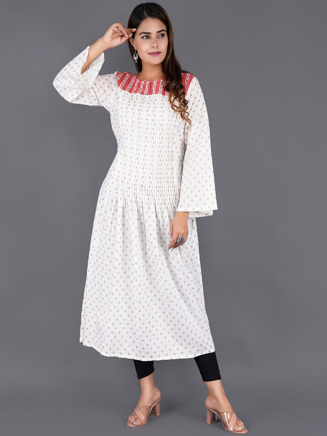 

KALINI Women White Geometric Printed Flared Sleeves Kurta