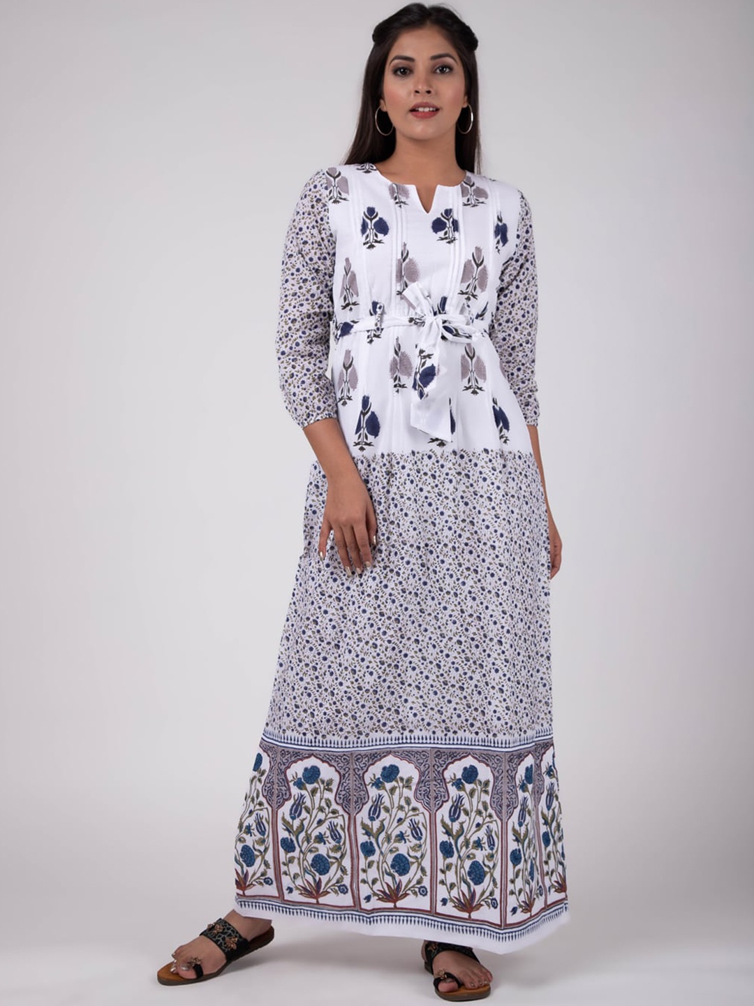 KALINI Women White Geometric Embroidered Thread Work Anarkali Kurta