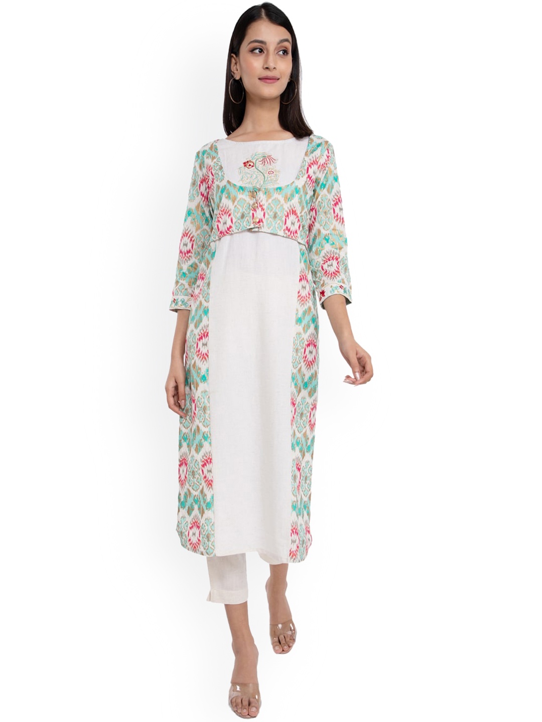 

KALINI Women White Floral Printed Thread Work Kurta