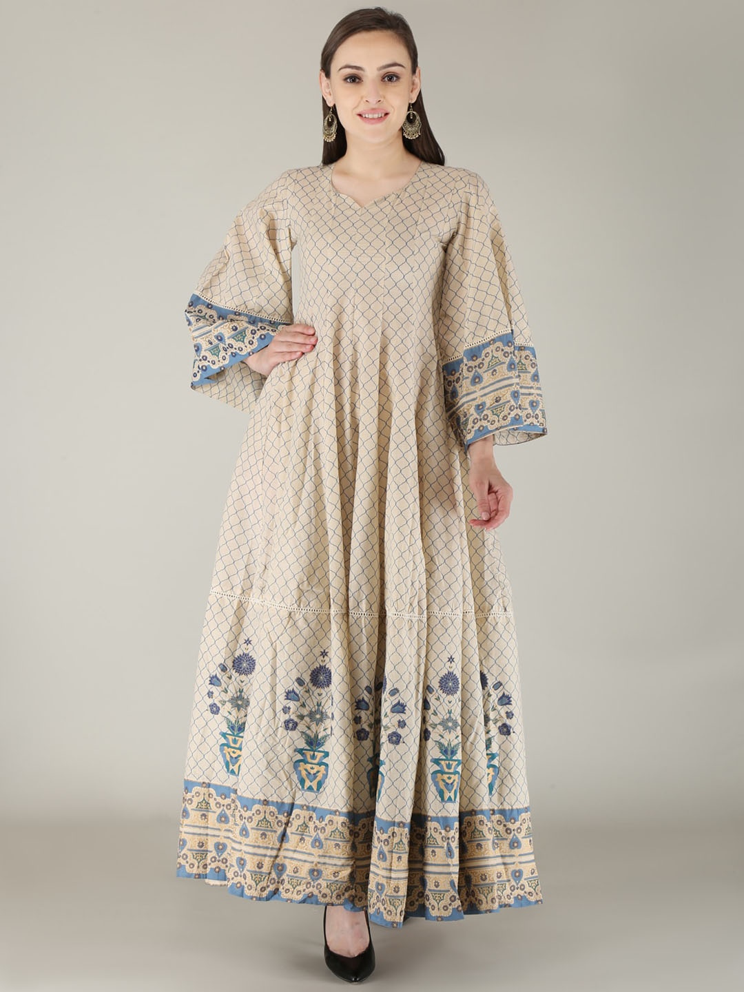 

KALINI Women Blue & Beige Ethnic Motifs Printed Flared Sleeves Anarkali Kurta