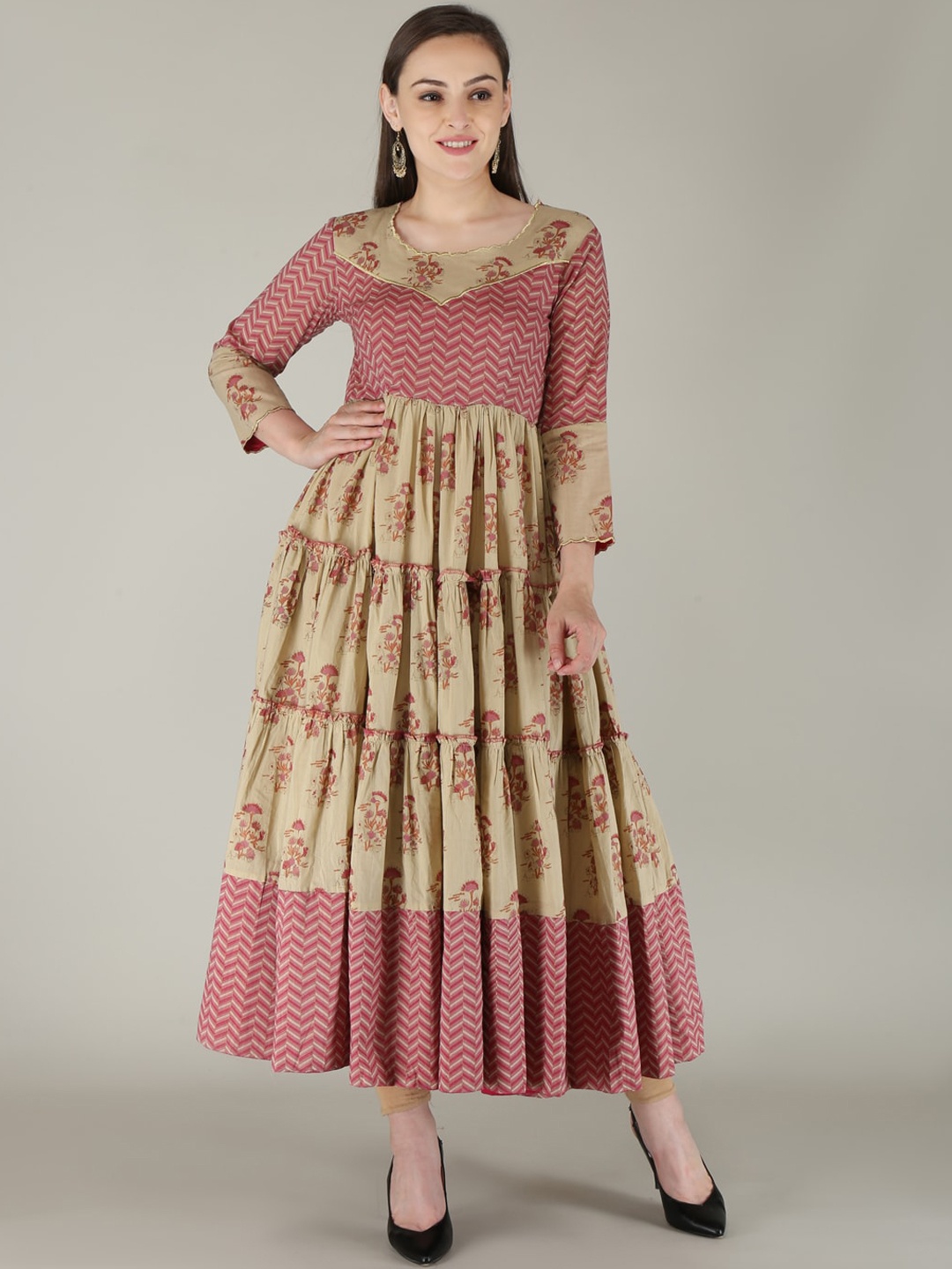 

KALINI Women Pink & Beige Ethnic Motifs Printed Flared Sleeves Thread Work Anarkali Kurta