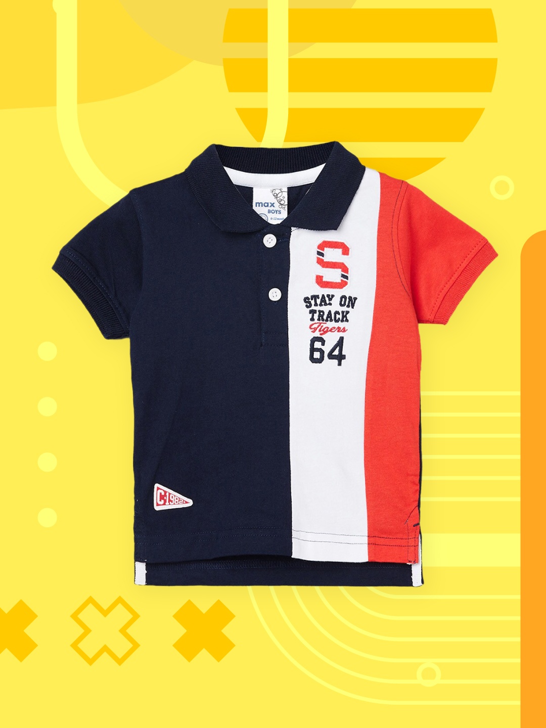 

max Boys Navy Blue Typography Polo Collar T-shirt