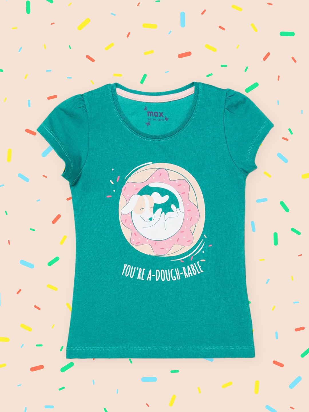 

max Girls Green Animal Printed Cotton T-shirt