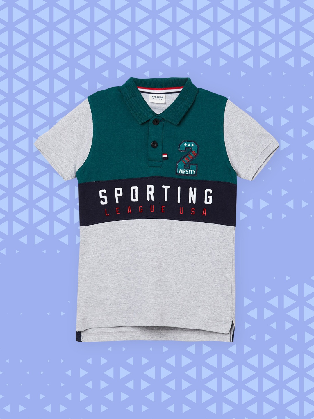 

max Boys Grey & Green Typography Printed Polo Collar T-shirt