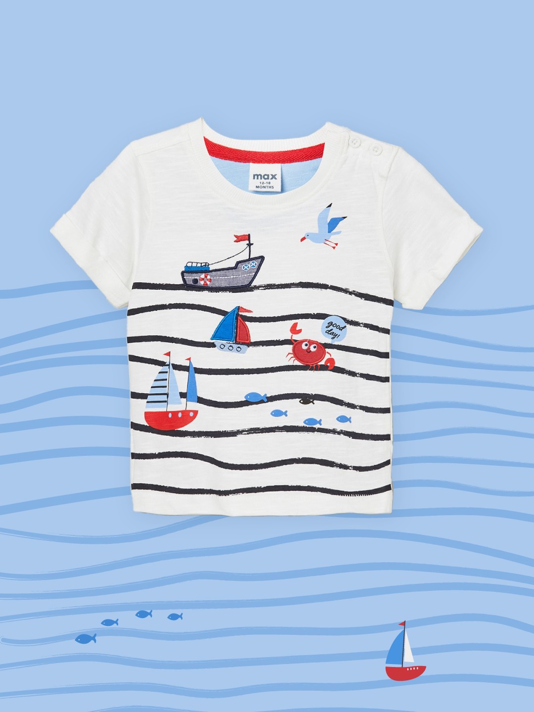 

max Boys White Striped Applique T-shirt