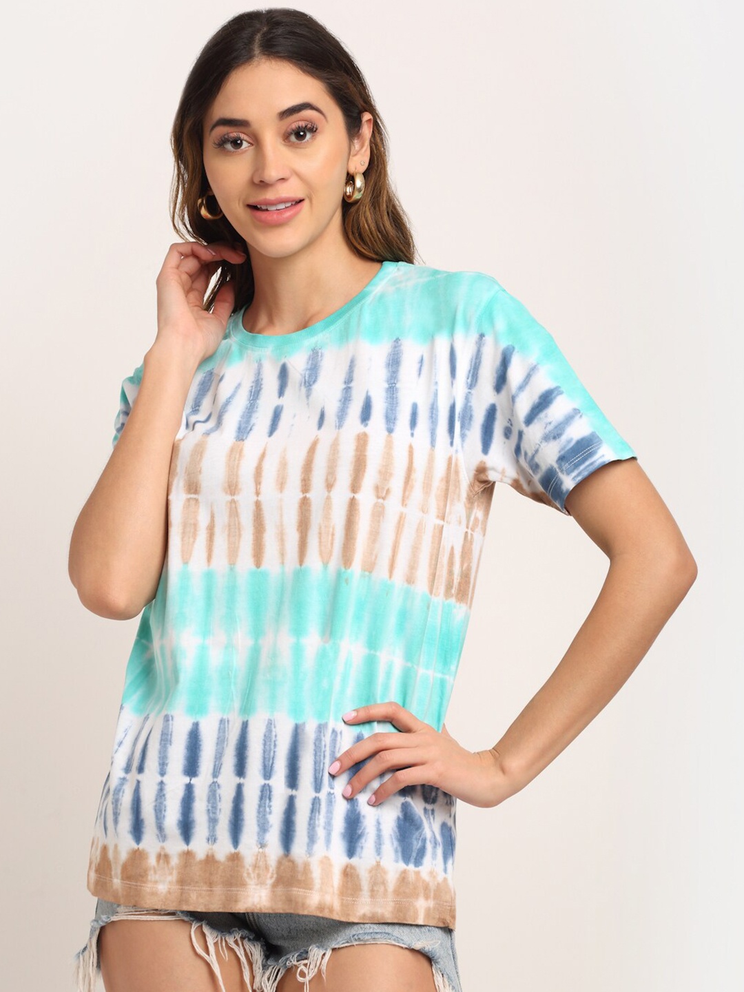 

Ennoble Women Blue & Brown Tie and Dye Loose Pure Cotton T-shirt