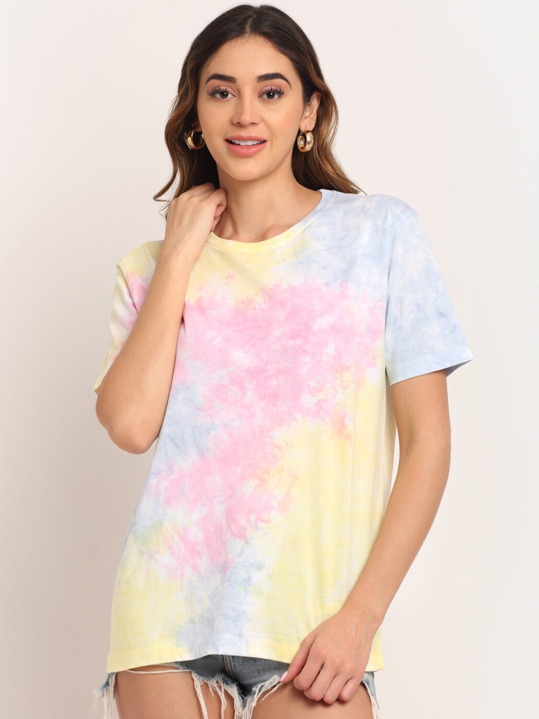 

Ennoble Women Pink & Yellow Tie and Dye Pure Cotton Loose T-shirt