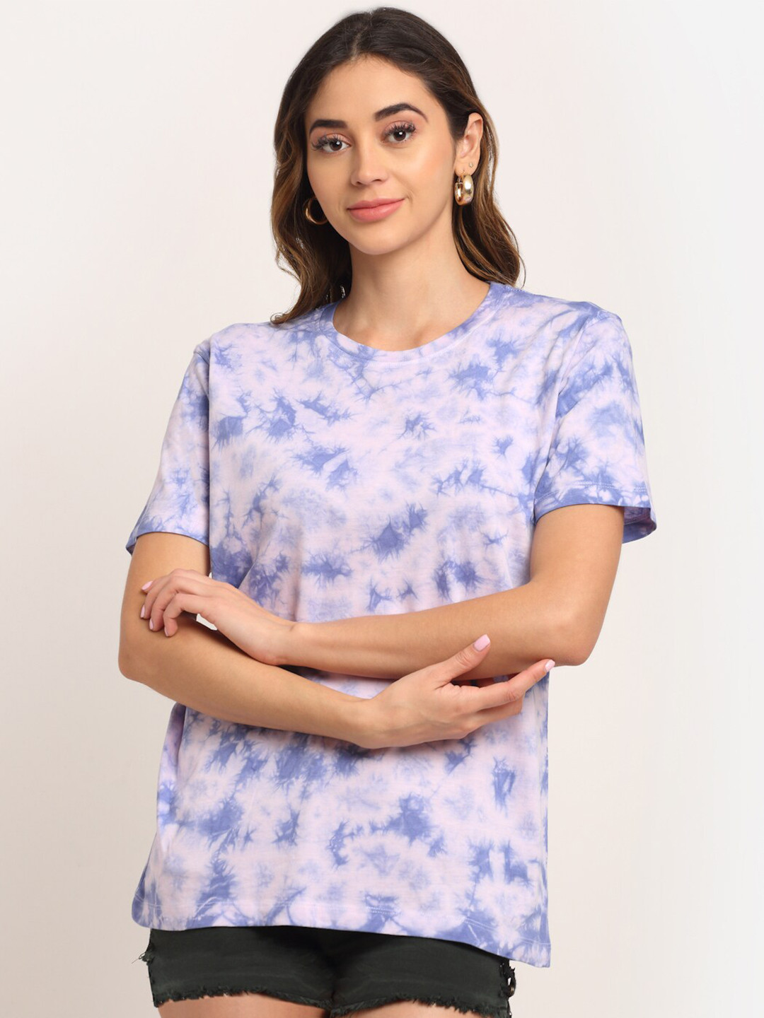 

Ennoble Women Blue Tie and Dye Dyed Cotton Loose T-shirt