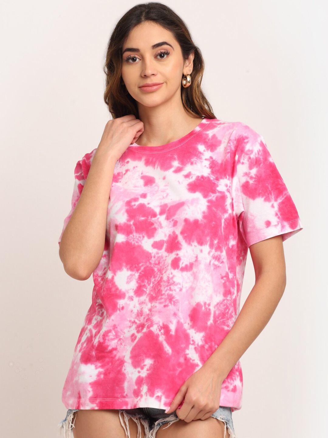 

Ennoble Woman Pink Tie and Dye Dyed Loose T-shirt