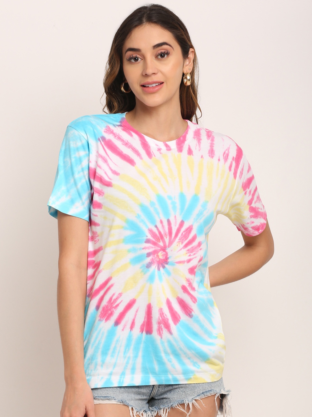 

Ennoble Women Pink & Yellow Tie and Dye Loose Pure Cotton T-shirt