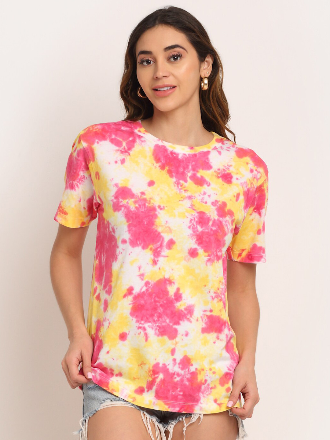 

Ennoble Women Multicoloured Tie and Dye Dyed Cotton Loose T-shirt, Multi