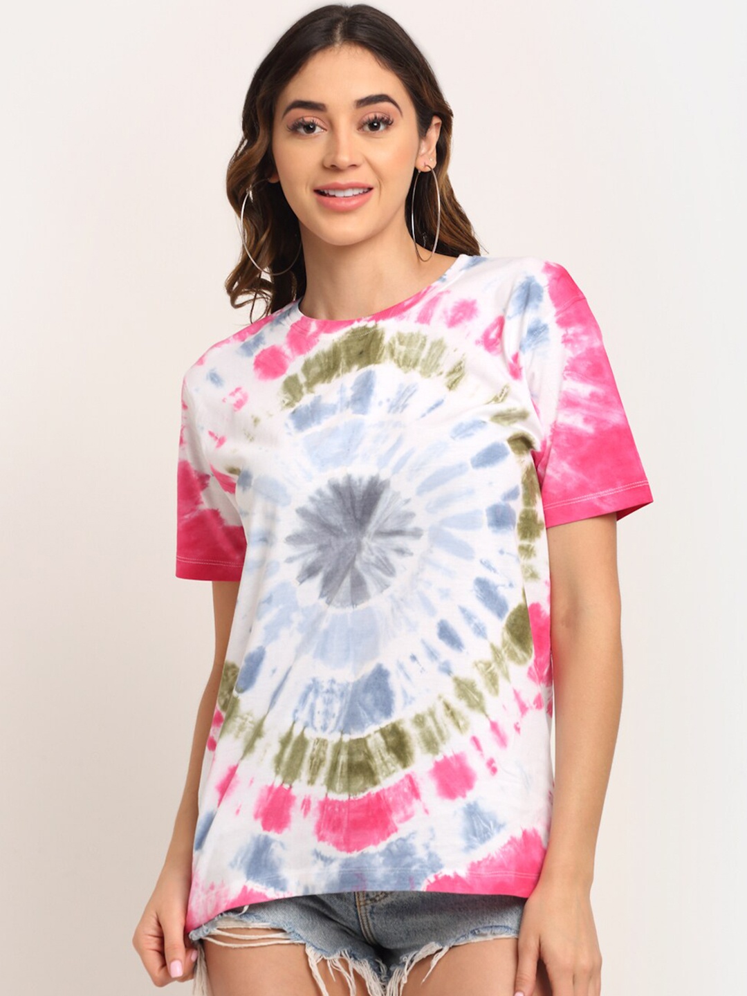 

Ennoble Women Multicoloured Tie and Dye Printed 100% Cotton Loose T-shirt, Multi