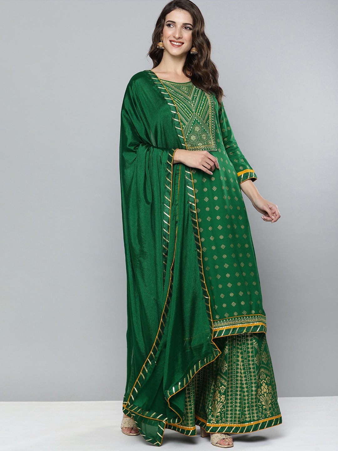 

Kvsfab Women Green Floral Embroidered Gotta Patti Kurta with Skirt & With Dupatta