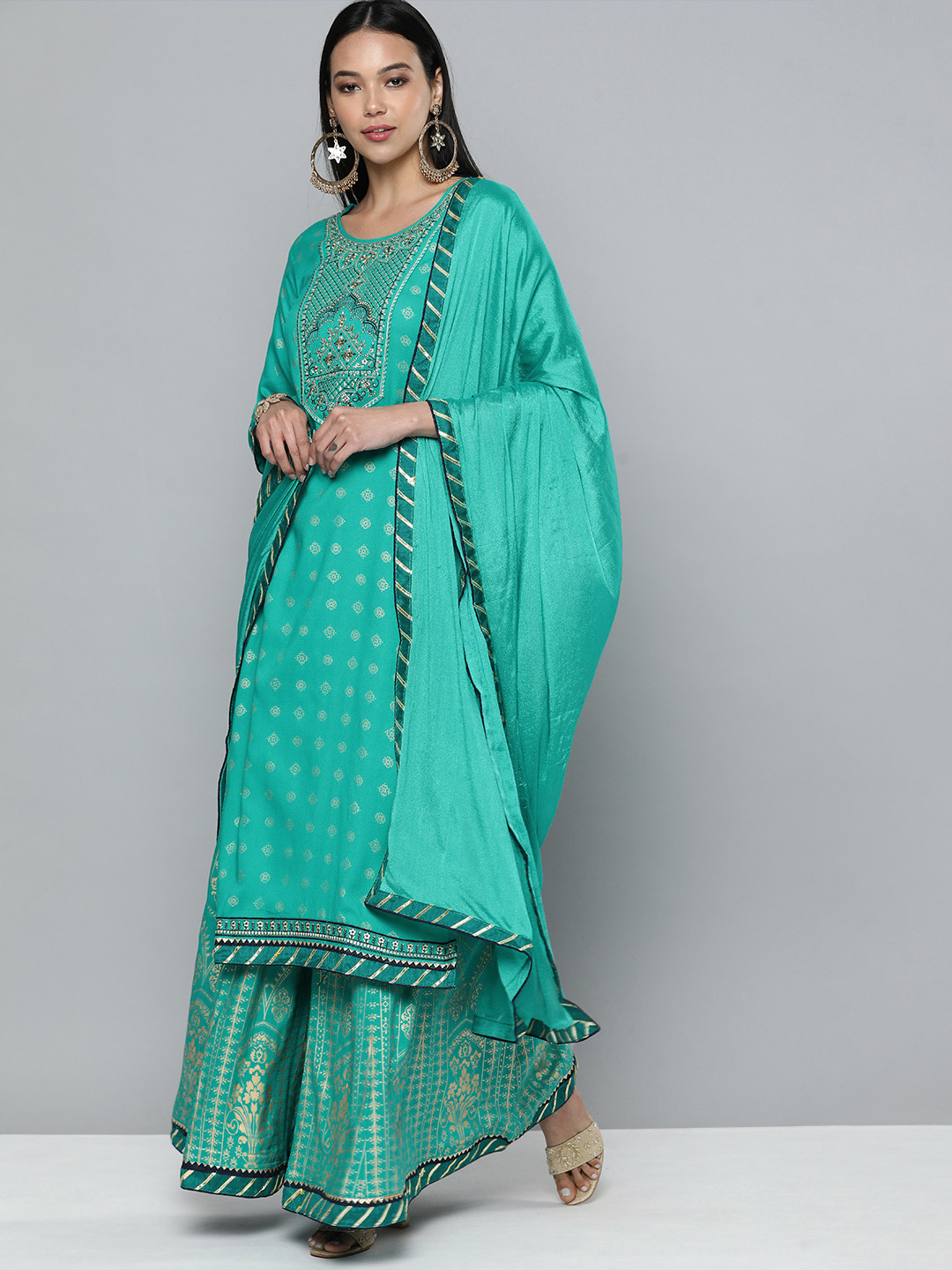 

Kvsfab Women Teal Floral Embroidered Gotta Patti Kurta with Skirt & With Dupatta