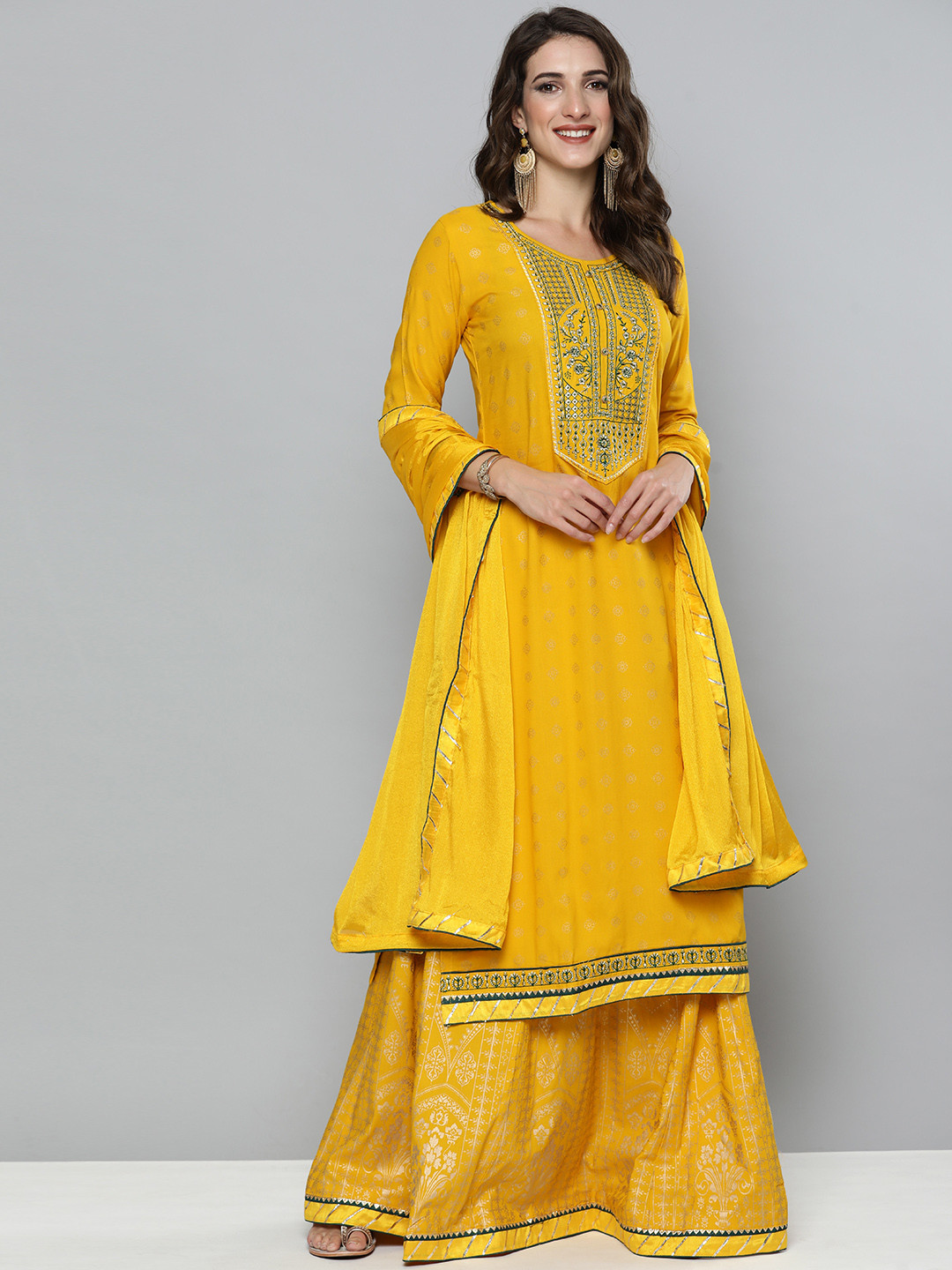 

Kvsfab Women Yellow Floral Embroidered Gotta Patti Kurta with Skirt & With Dupatta