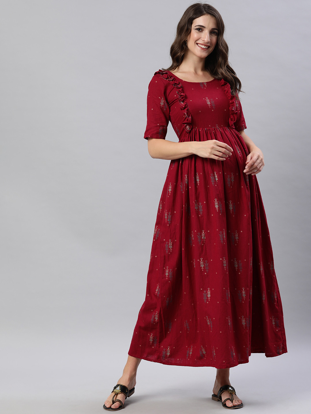 

Swishchick Red & Grey Ethnic Motifs Printed Ruffled Cotton Maternity Fit & Flare Dress