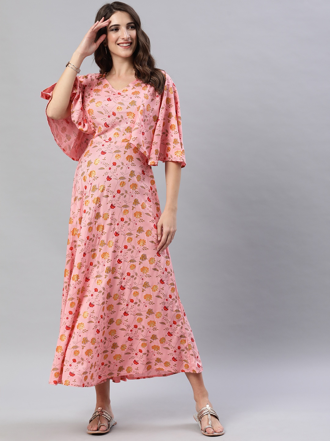 

Swishchick Pink & Mustard Yellow Floral Printed V-Neck Rayon Fit & Flare Maternity Dress