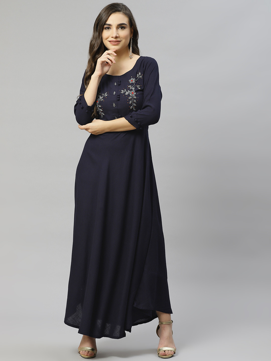 

HIGHLIGHT FASHION EXPORT Navy Blue Embellished A-Line Maxi Dress
