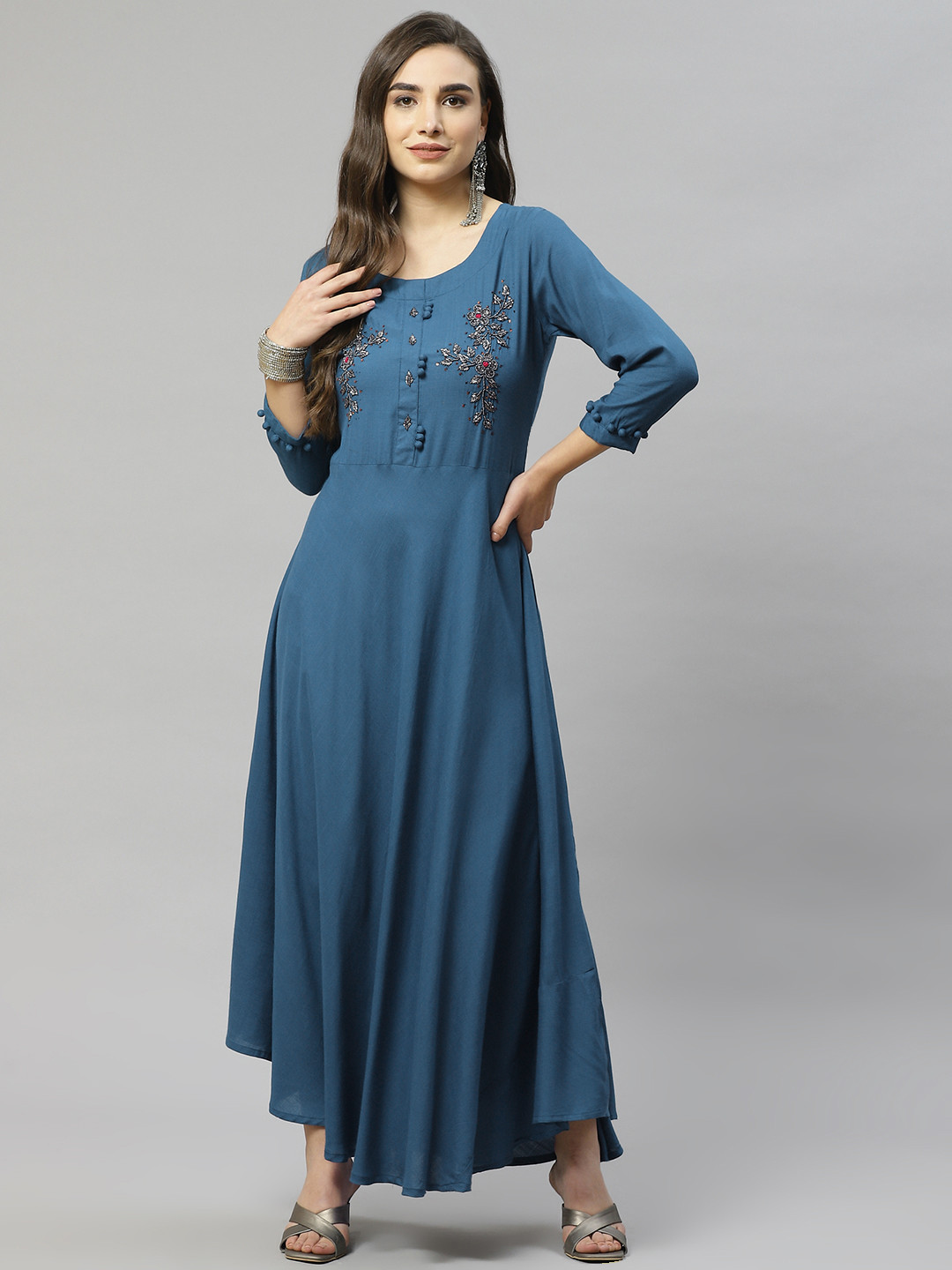 

HIGHLIGHT FASHION EXPORT Teal Embellished A-Line Maxi Dress