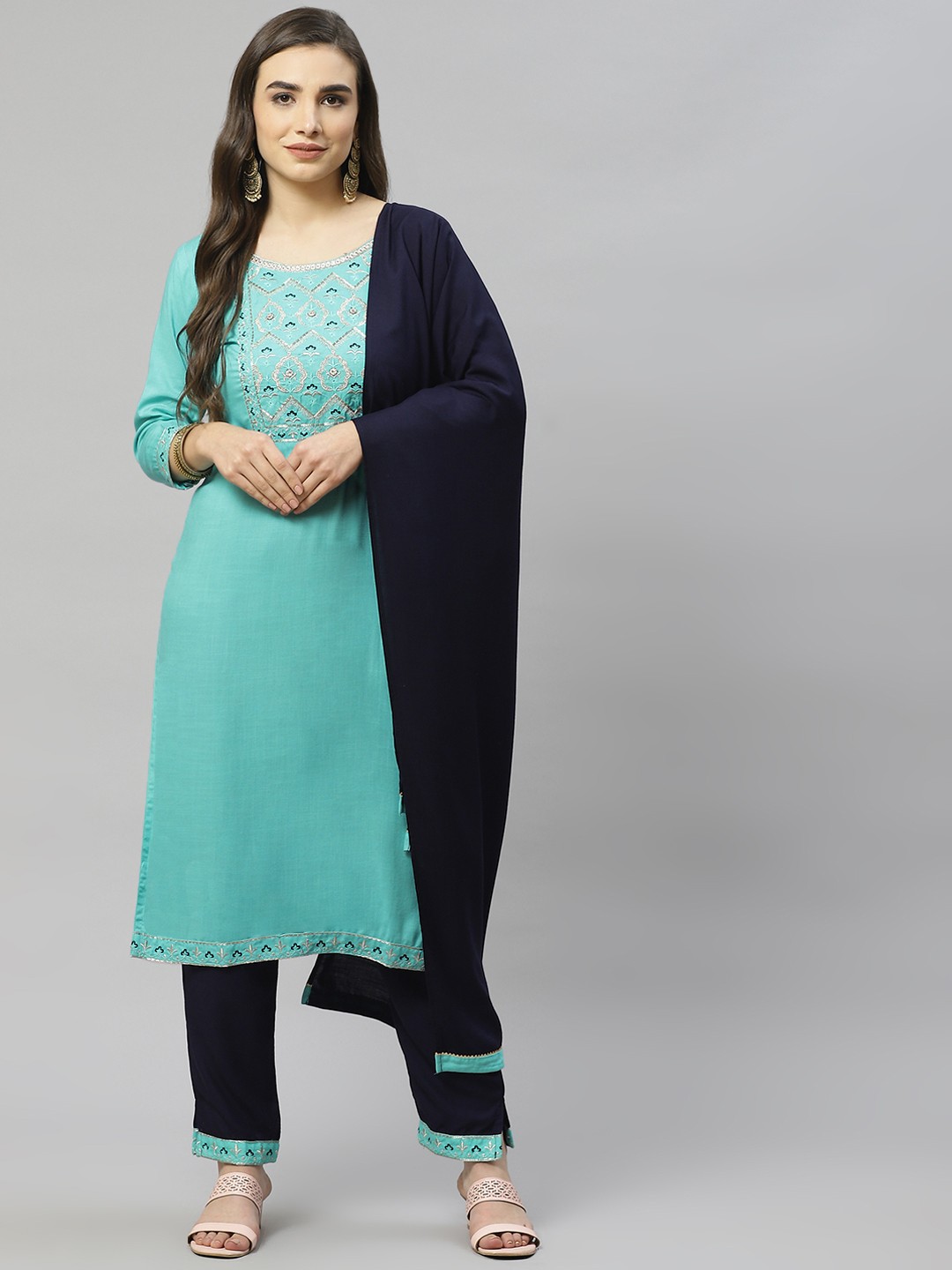 

HIGHLIGHT FASHION EXPORT Women Blue Embroidered Kurta with Trousers & With Dupatta