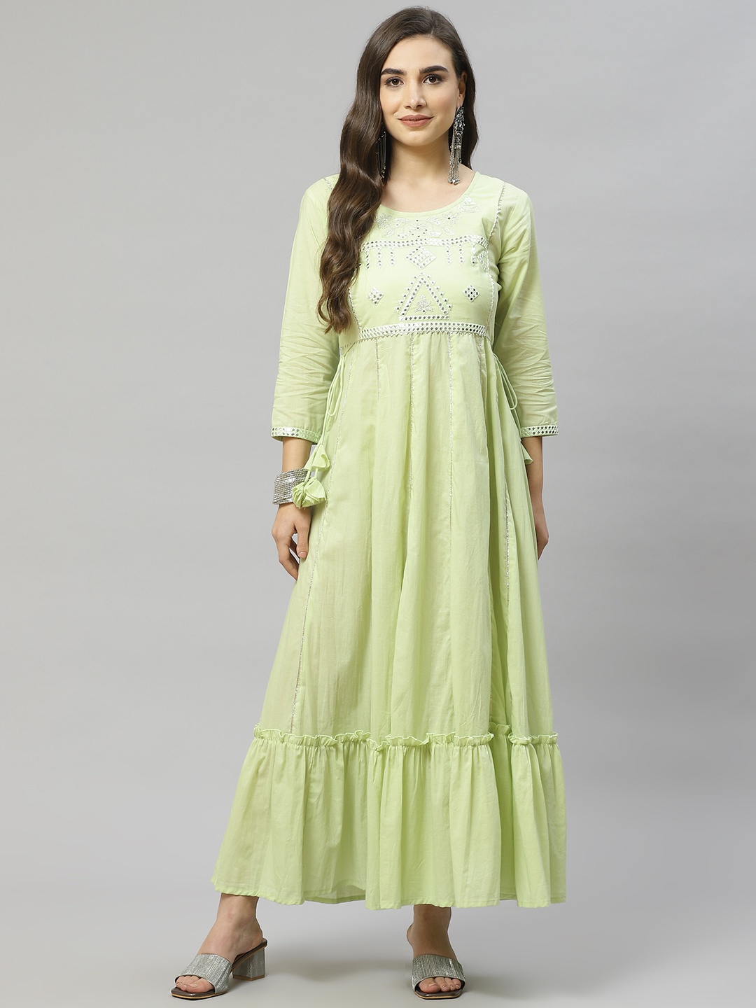 

HIGHLIGHT FASHION EXPORT Green Embroidered A-Line Maxi Dress