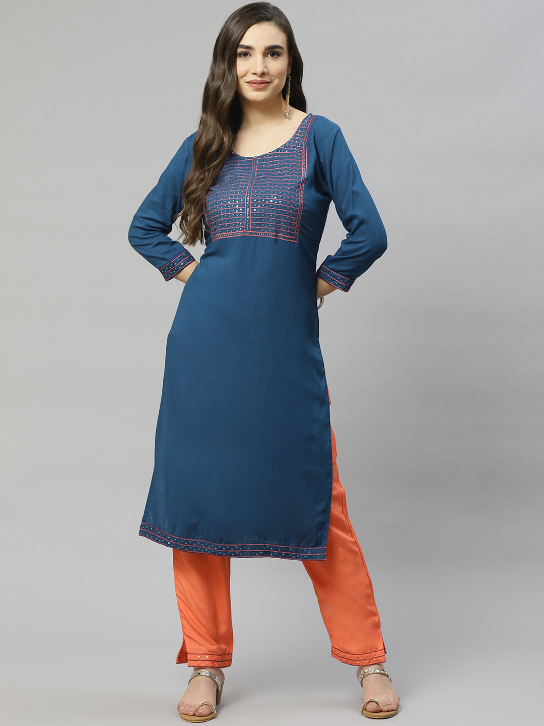 

HIGHLIGHT FASHION EXPORT Women Navy Blue Kurta with Trousers & With Dupatta
