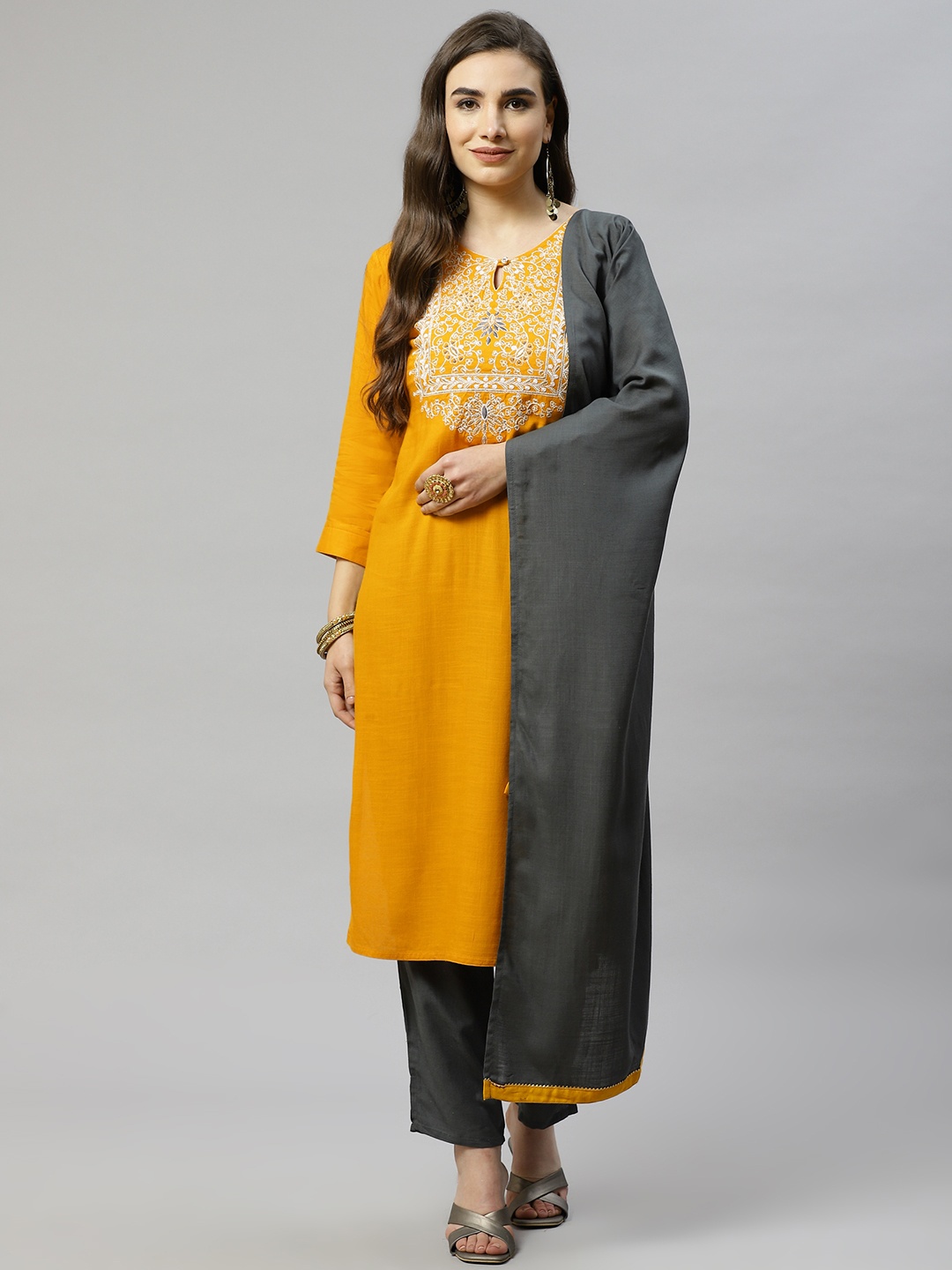 

HIGHLIGHT FASHION EXPORT Women Mustard Yellow Embroidered Kurta with Trousers & With Dupatta