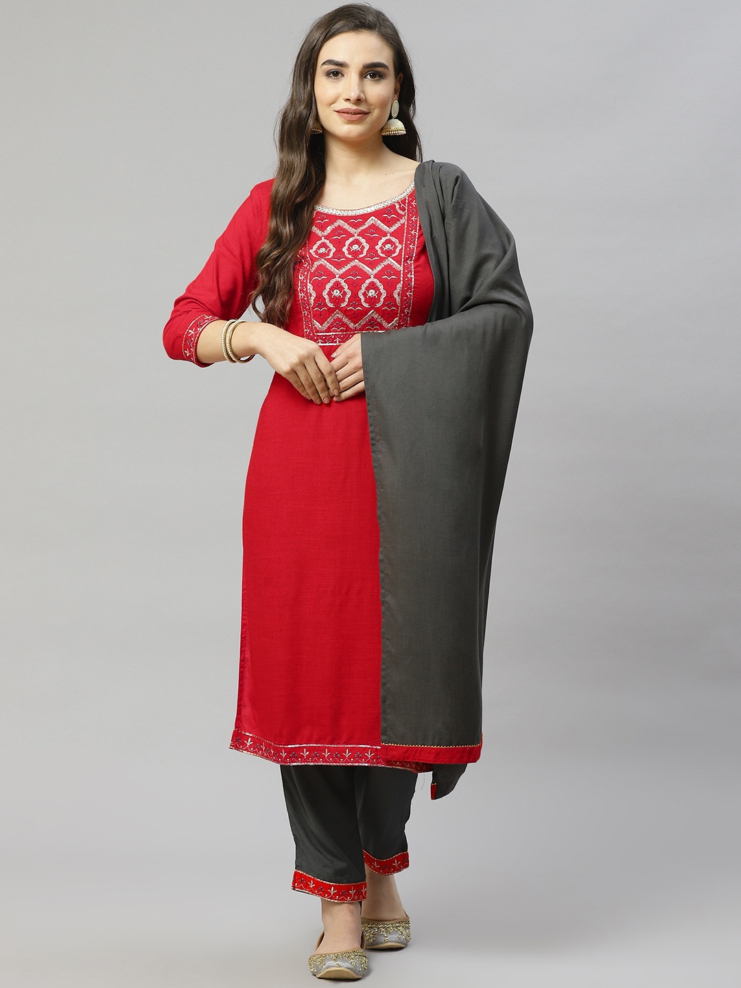 

HIGHLIGHT FASHION EXPORT Women Red Embroidered Kurta with Trousers & With Dupatta