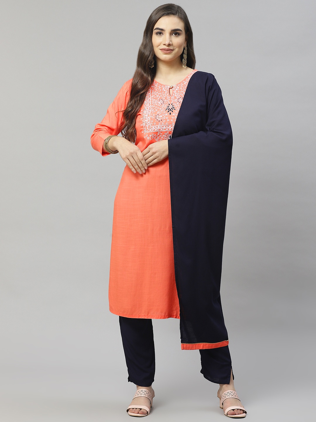 

HIGHLIGHT FASHION EXPORT Women Peach-Coloured Embroidered Kurta with Trousers & With Dupatta