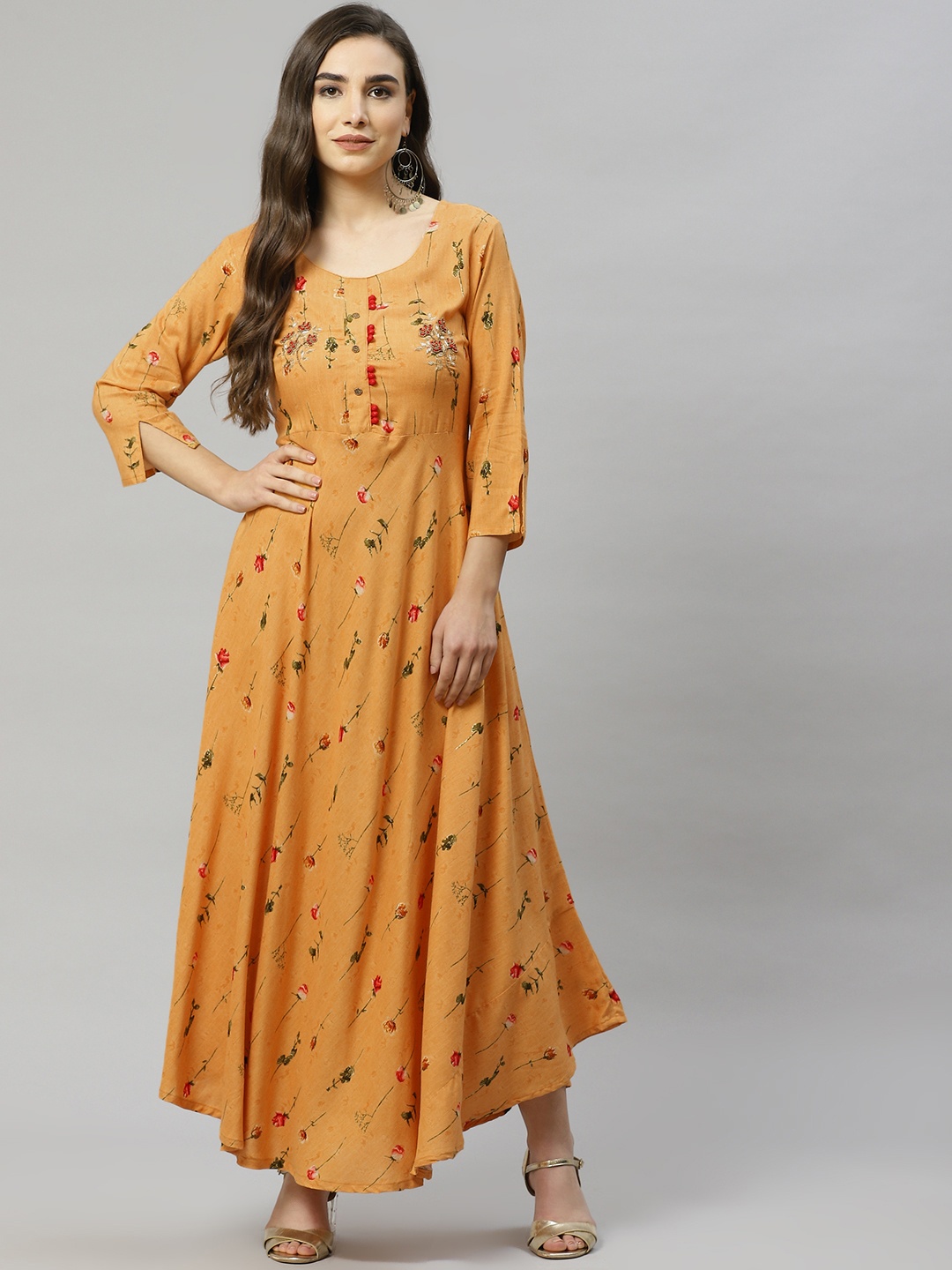 

HIGHLIGHT FASHION EXPORT Mustard Yellow Floral A-Line Maxi Dress