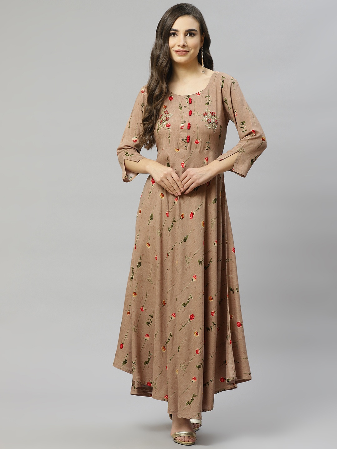 

HIGHLIGHT FASHION EXPORT Brown Floral A-Line Maxi Dress