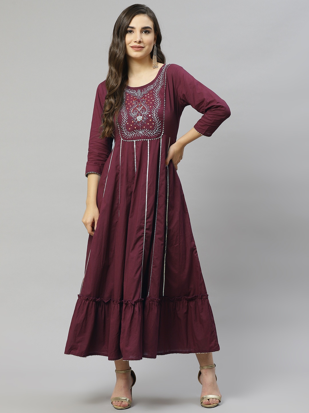 

HIGHLIGHT FASHION EXPORT Maroon Embellished A-Line Maxi Dress