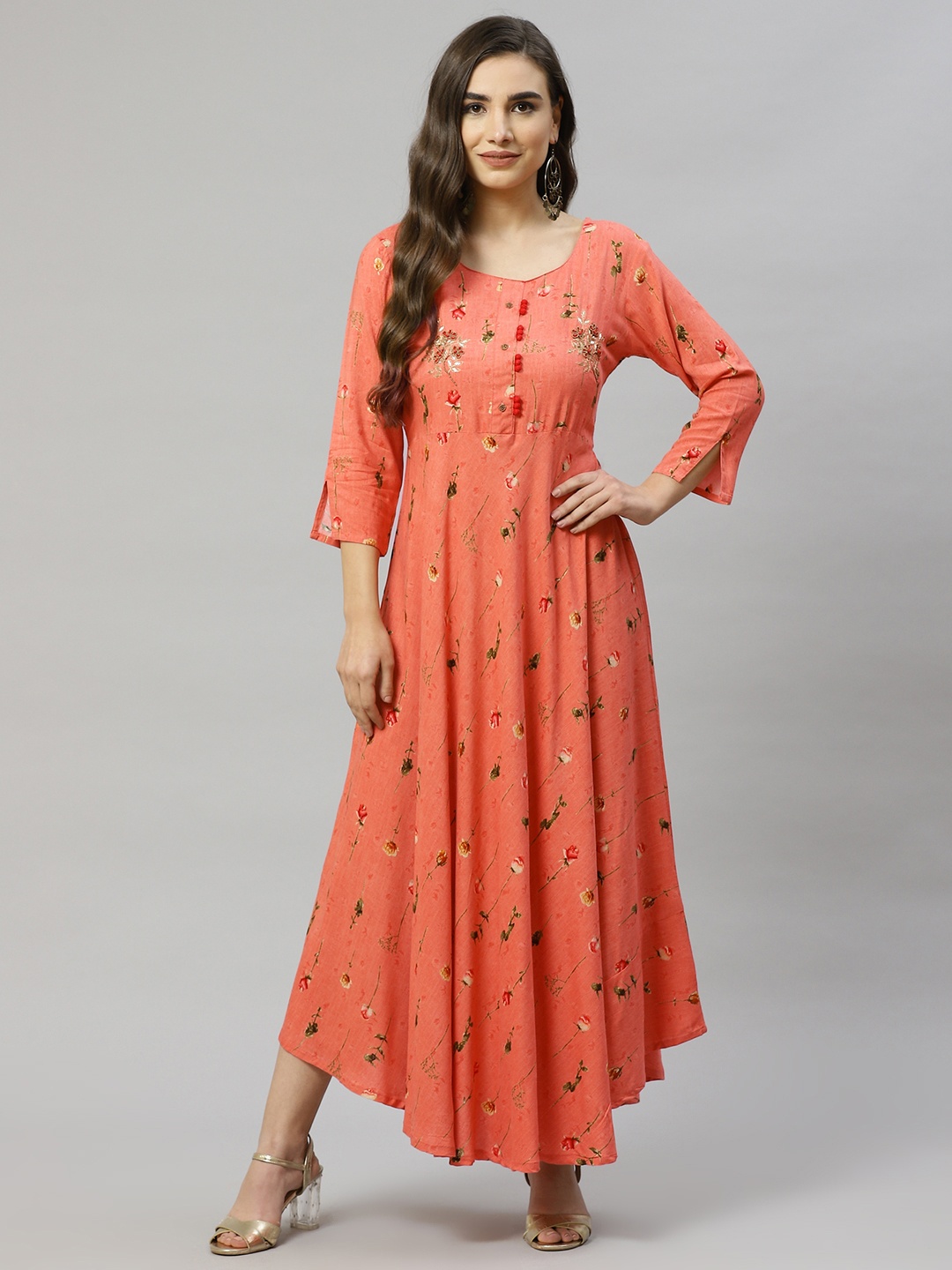 

HIGHLIGHT FASHION EXPORT Peach-Coloured Floral A-Line Maxi Dress