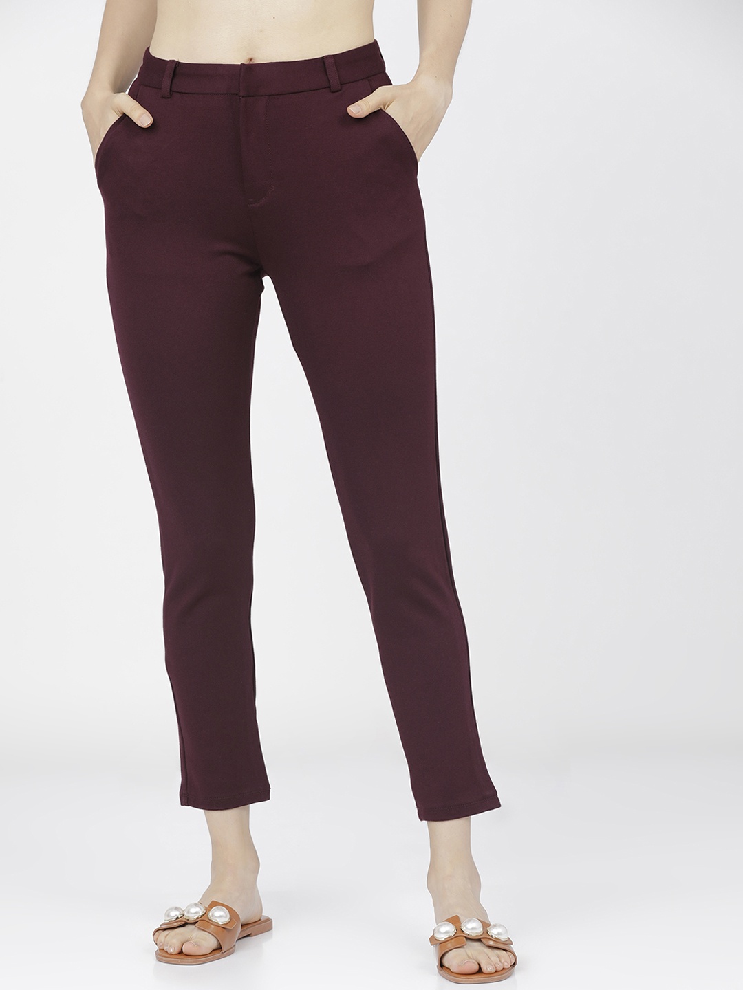 

Tokyo Talkies Women Burgundy Slim Fit Trousers