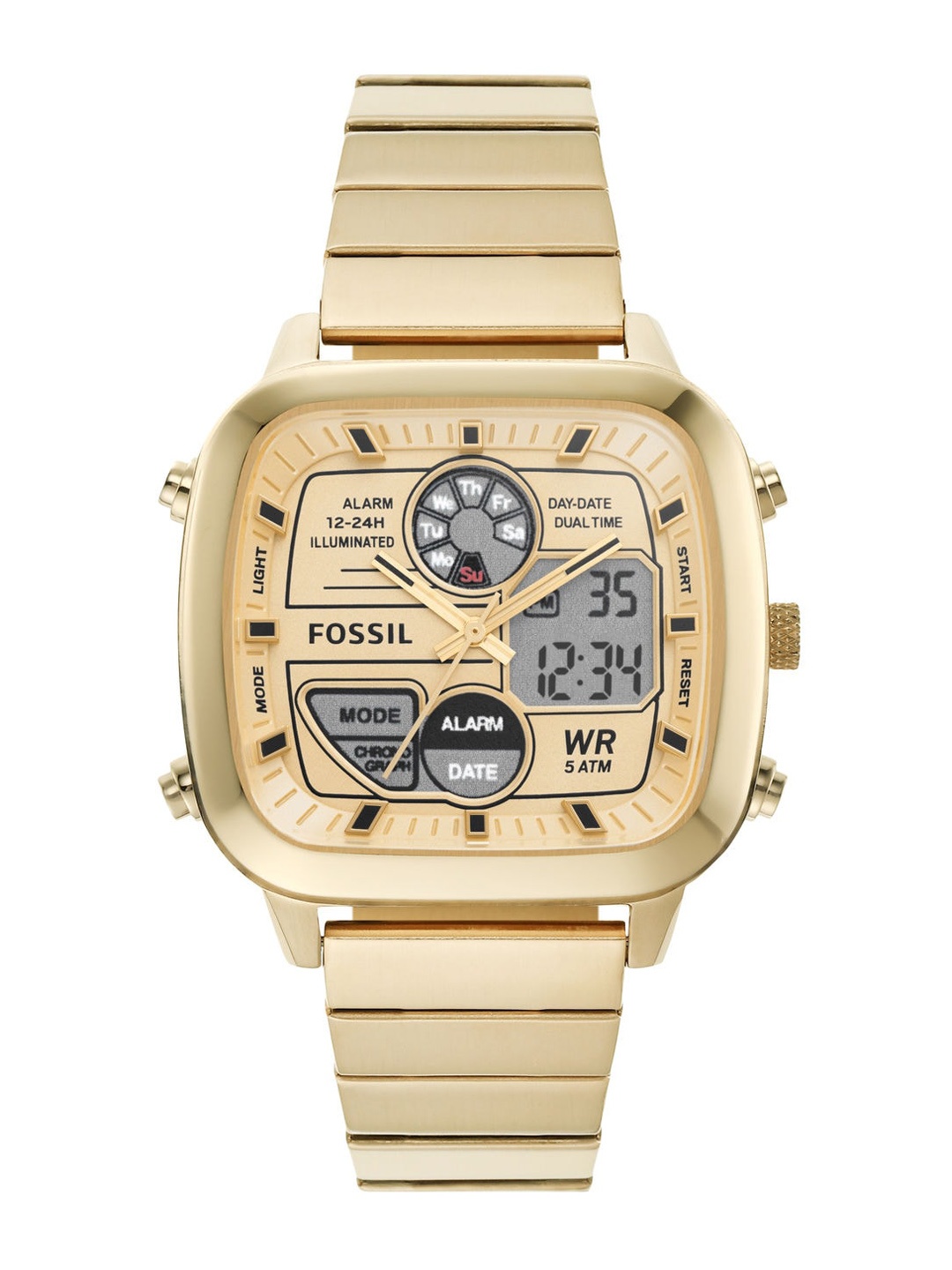 

Fossil Men Gold-Toned Stainless Steel Dial Analogue and Digital Kinetic Watch FS5889