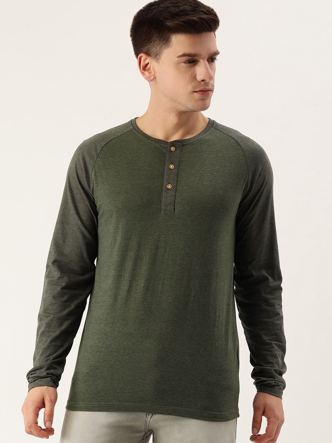 

DILLINGER Men Olive Green Henley Neck Pure Cotton T-shirt