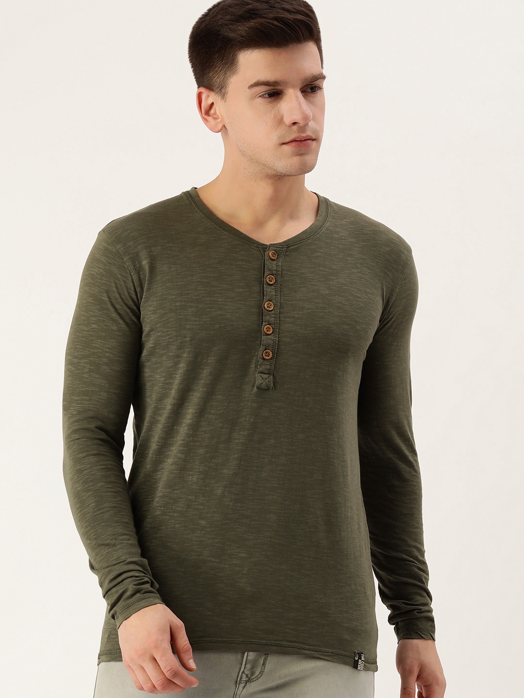 

DILLINGER Men Olive Green Slub Knit Effect Henley Neck Pure Cotton T-shirt