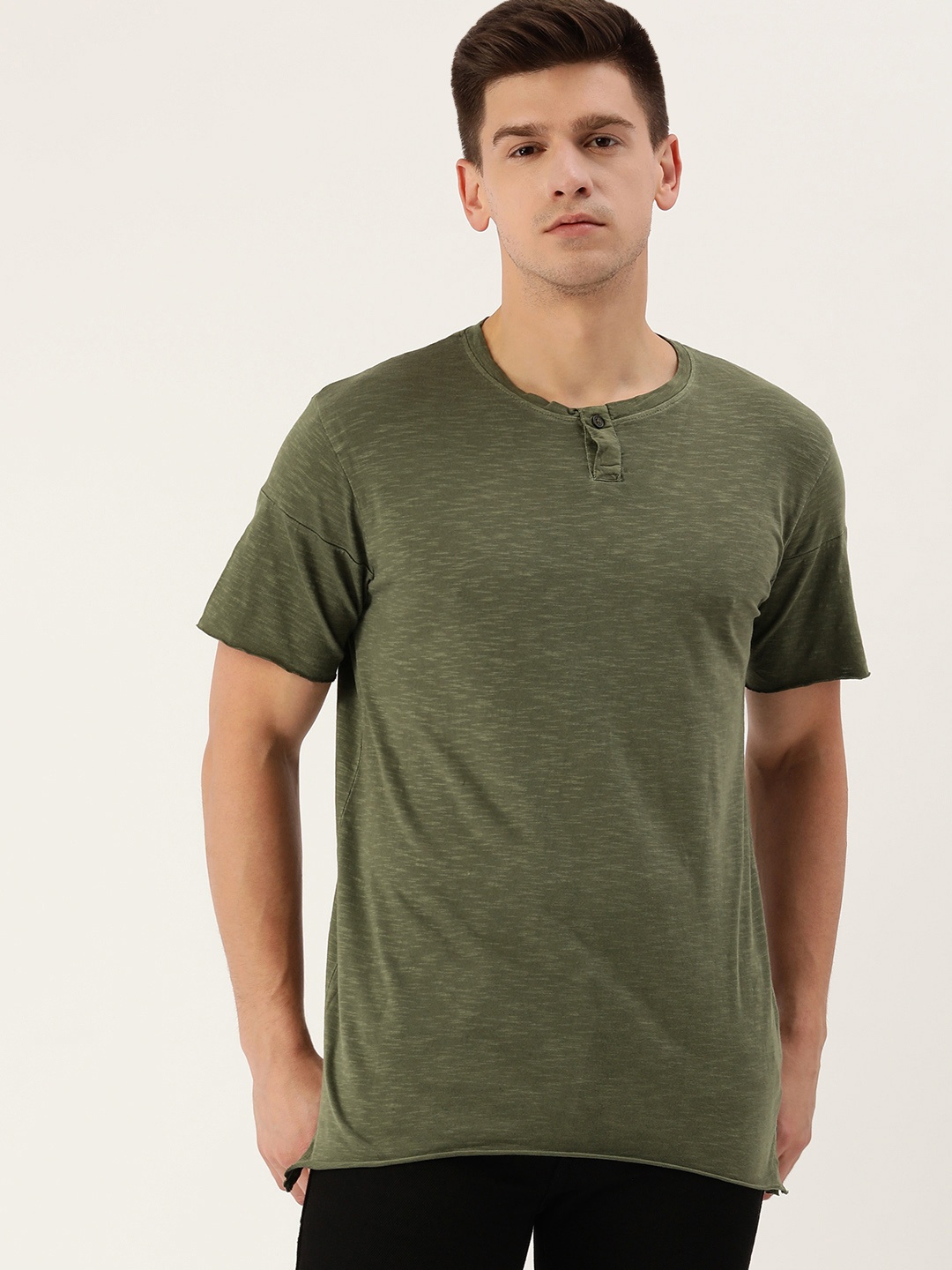 

DILLINGER Men Olive Green Slub Knit Effect Henley Neck Pure Cotton T-shirt