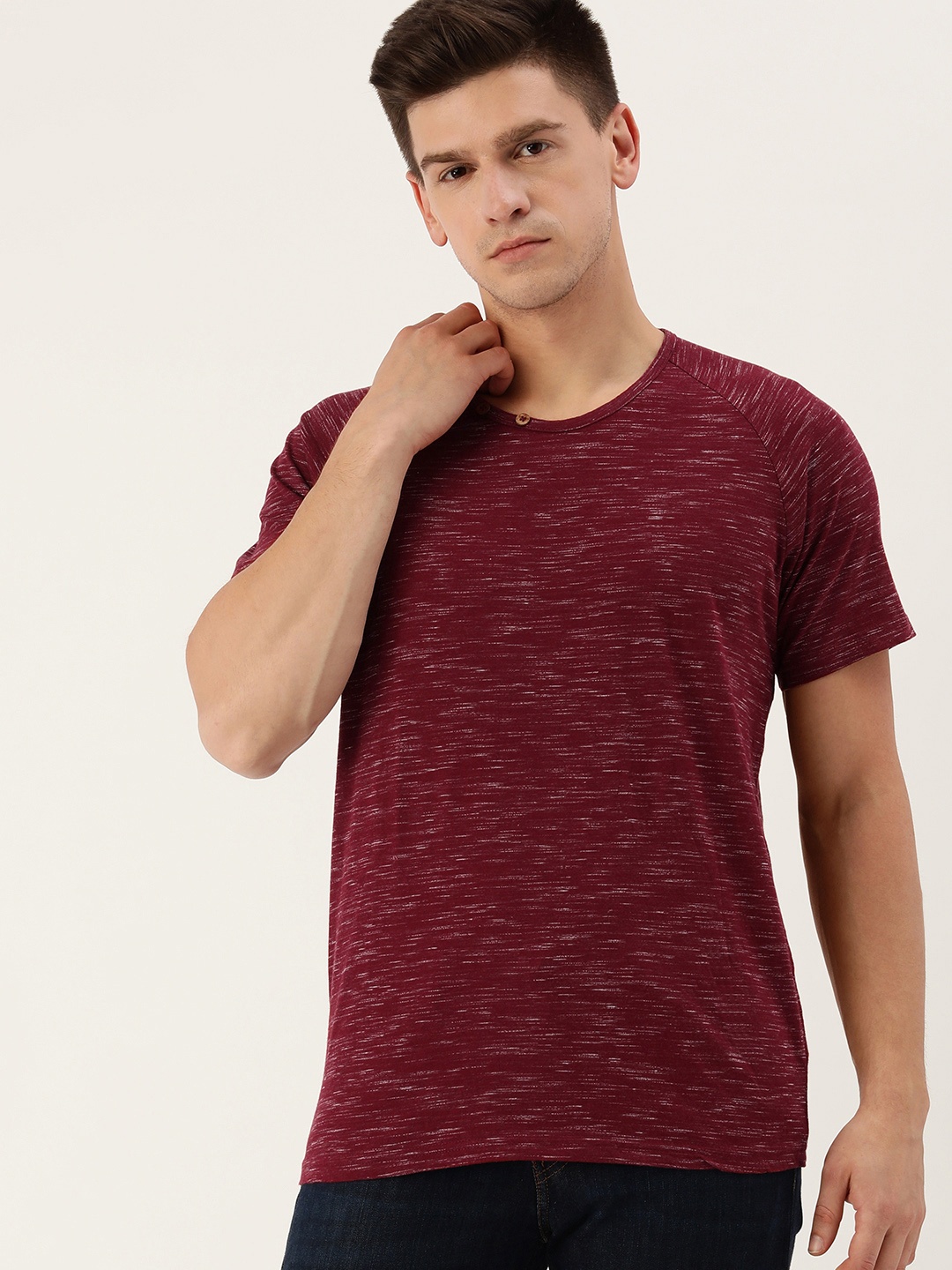 

DILLINGER Men Maroon Slub Knit Effect Pure Cotton T-shirt