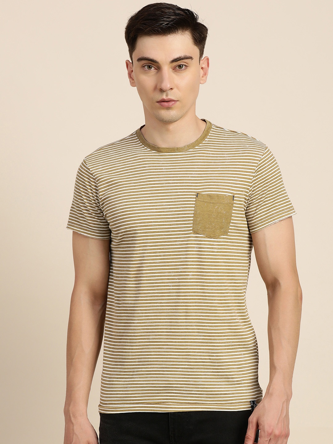 

Difference of Opinion Men Mustard Brown & Off White Pure Cotton Striped T-shirt