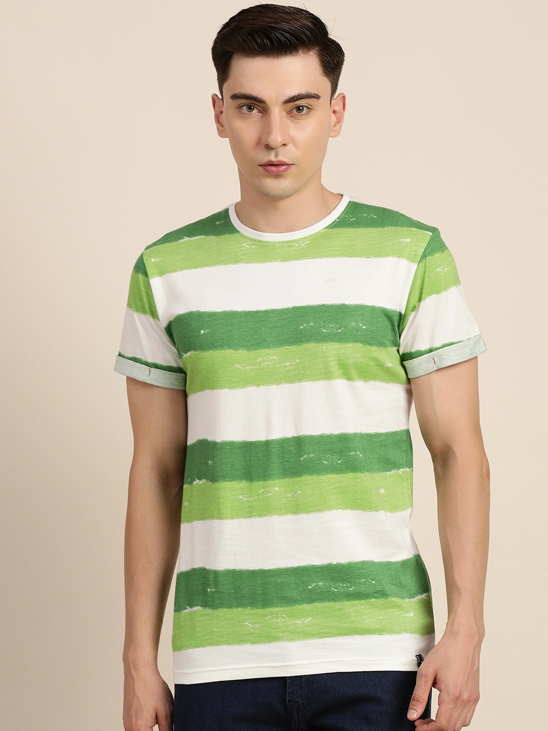 

Difference of Opinion Men Off White & Green Pure Cotton Striped T-shirt