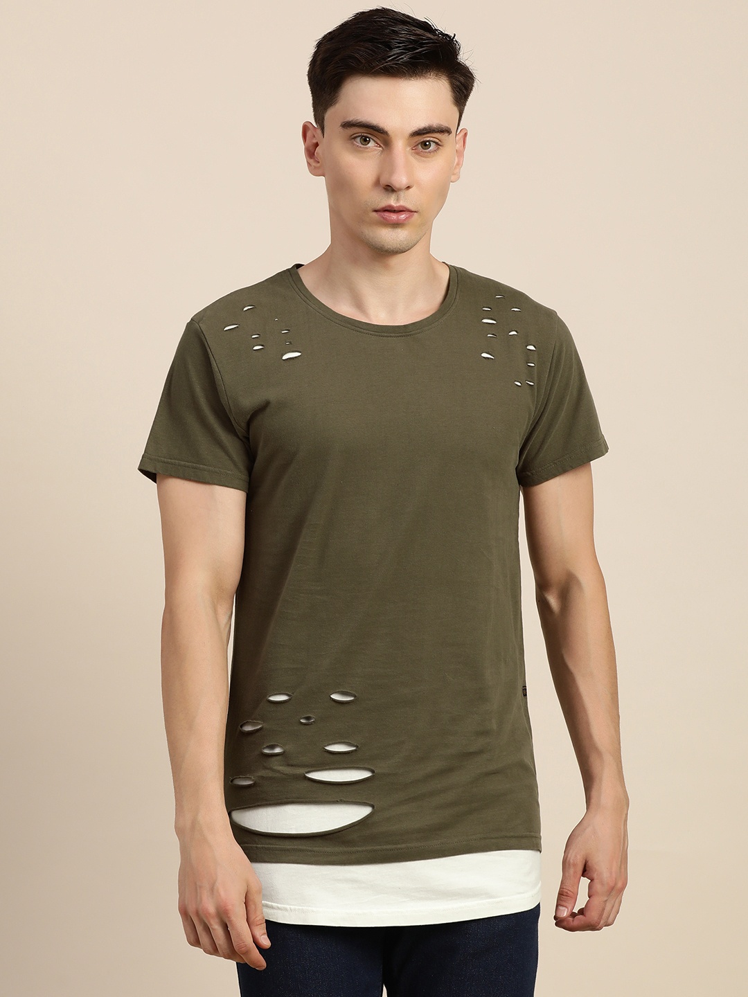 

Difference of Opinion Men Olive Green & White Pure Cotton Ripped Longline T-shirt