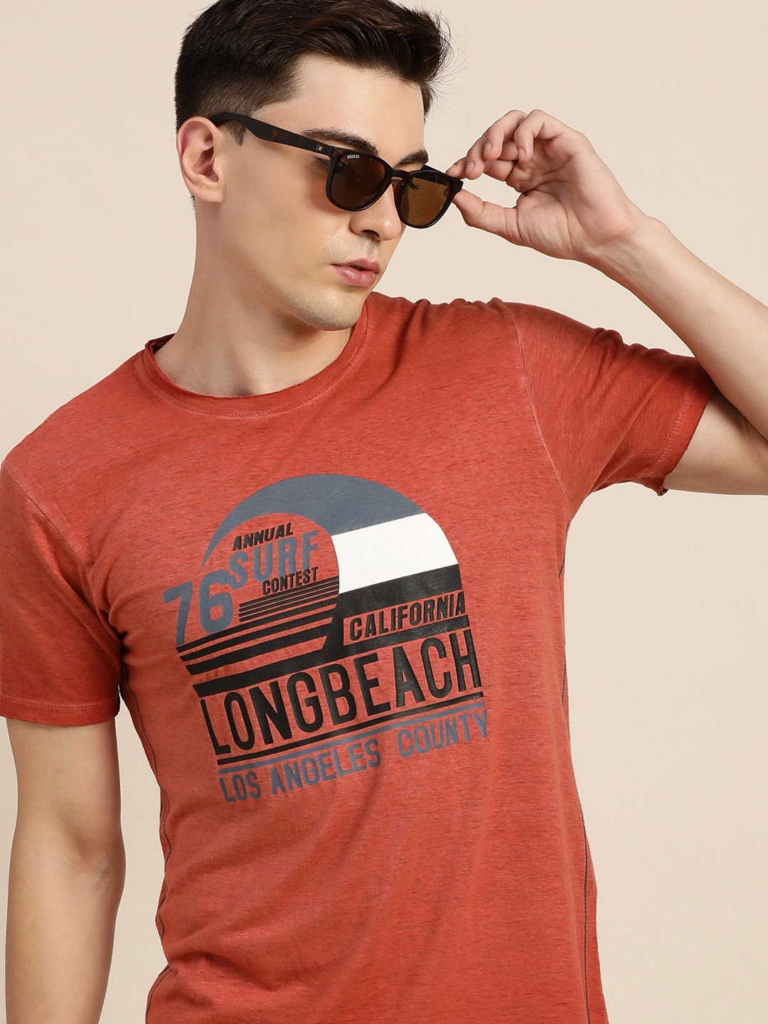 

Difference of Opinion Men Rust Orange & Black Pure Cotton Typography Raw Edge T-shirt