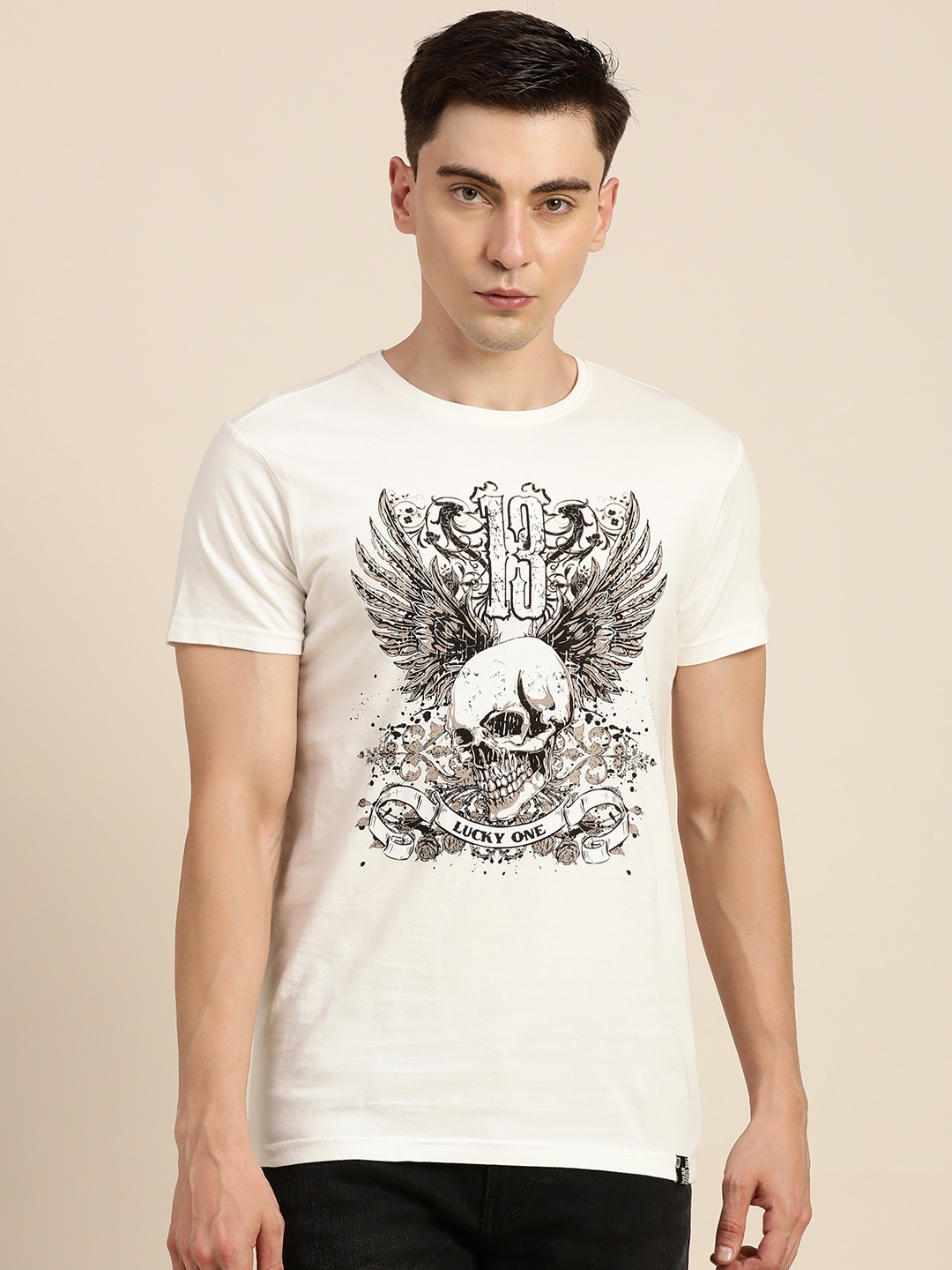 

Difference of Opinion Men Off White & Black Pure Cotton Printed T-shirt