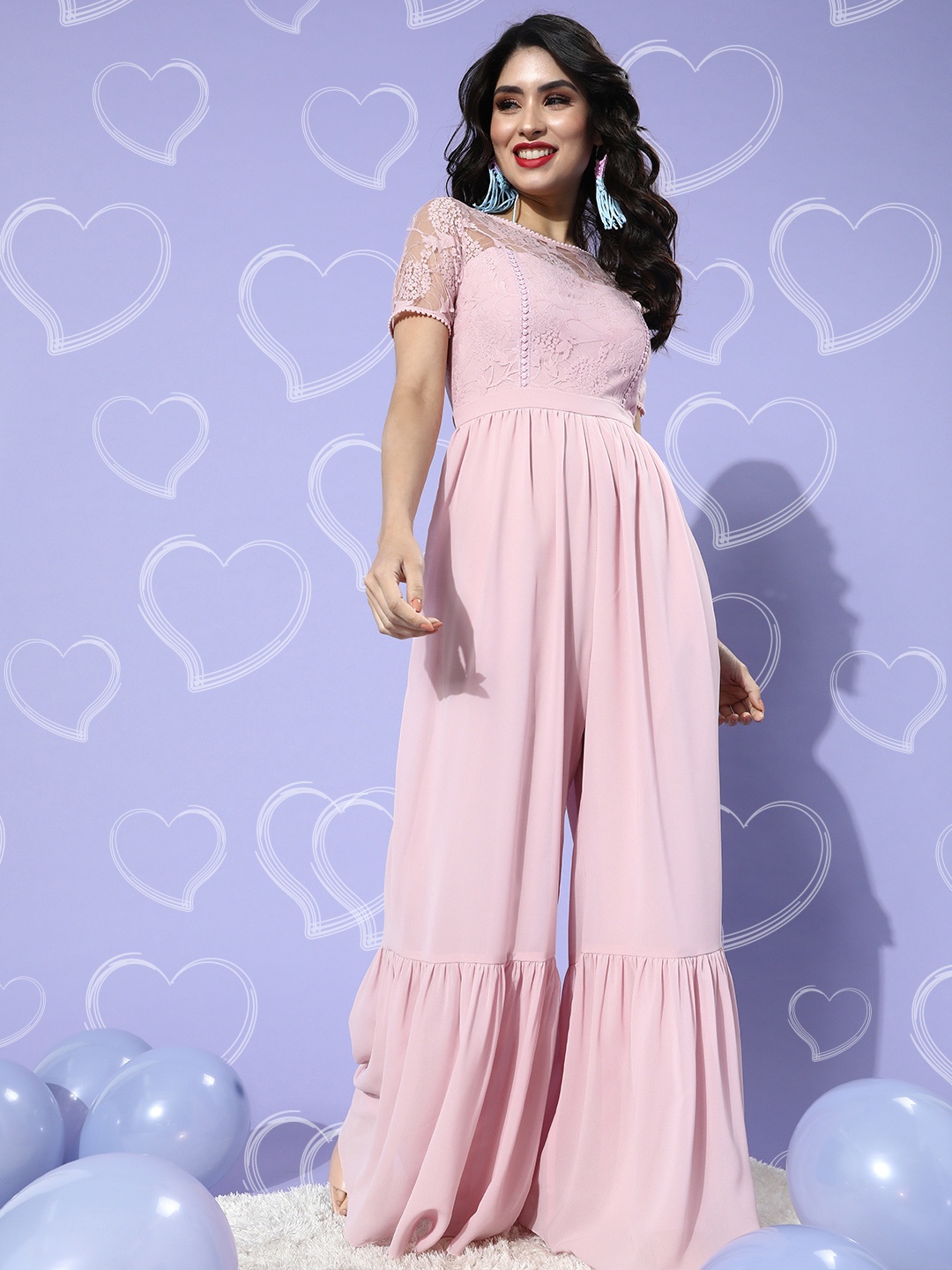 

Miss Chase Women Pretty Pink Solid Lacework and Sheer Jumpsuit