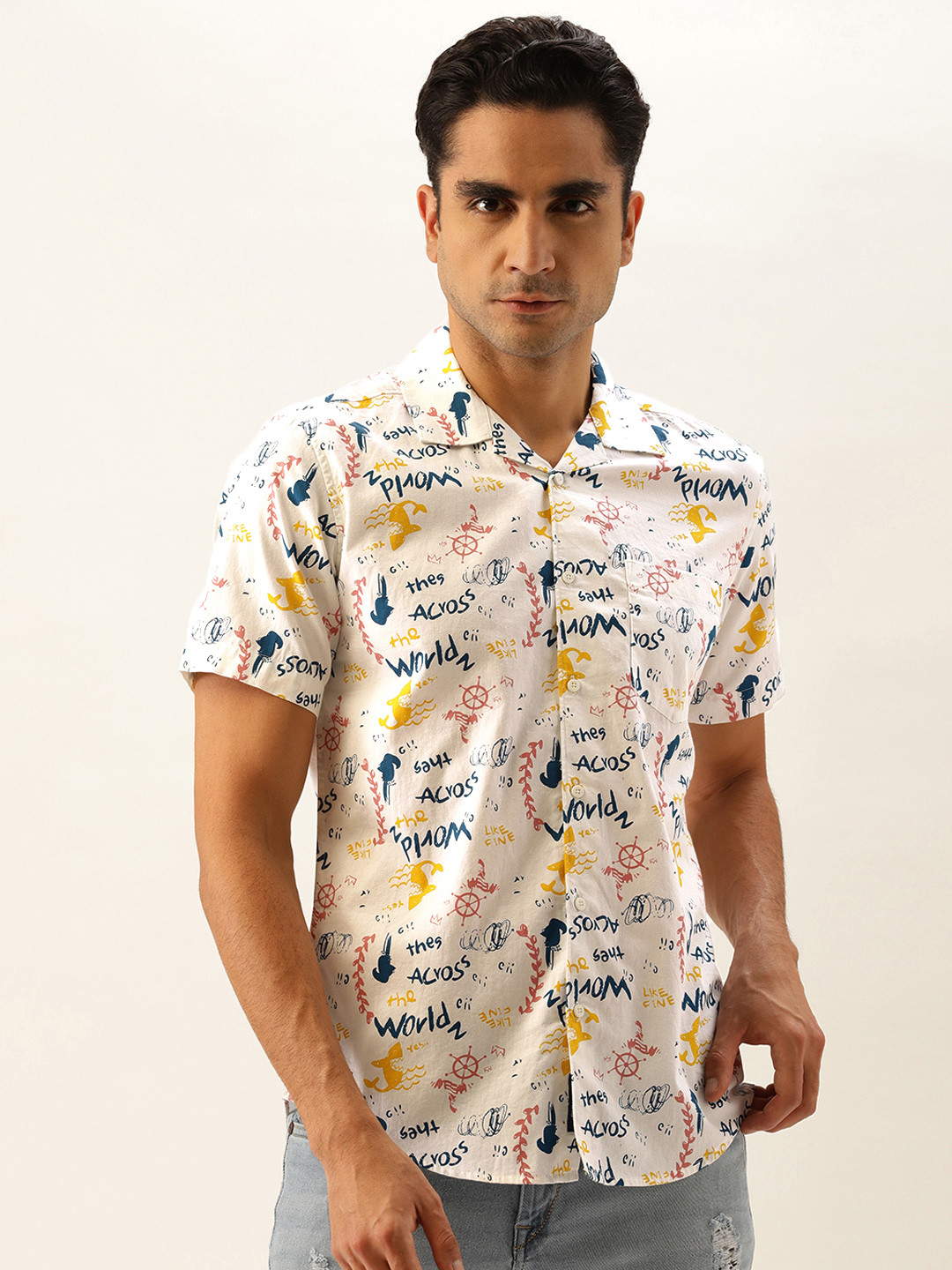 

Bene Kleed Men White & Blue Slim Fit Printed Casual Shirt