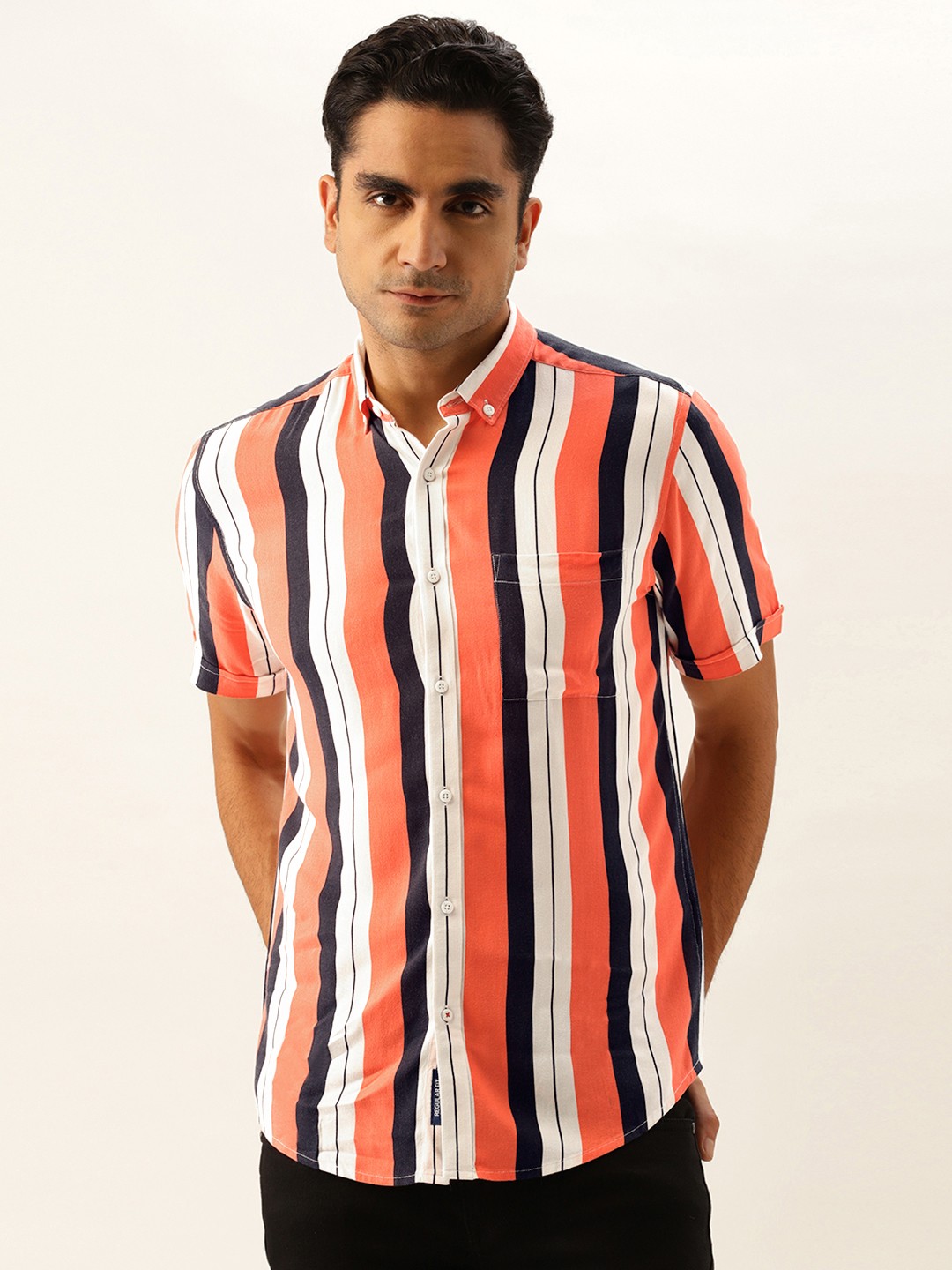 

Bene Kleed Men White & Orange Striped Casual Shirt